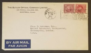 1944 Montreal Canada Indianapolis IN Butler Opticians Advertising Air Mail Cover