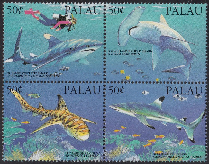 Palau 1993 MNH Sc 315 Block of 4 50c Sharks