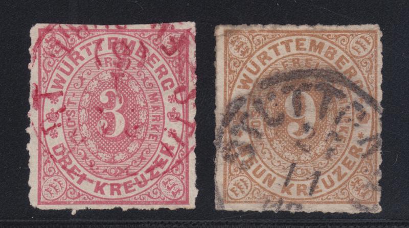 Wurttemberg Sc 49, 51 used 1869-1873 3kr & 9kr Rouletted Numerals, F-VF