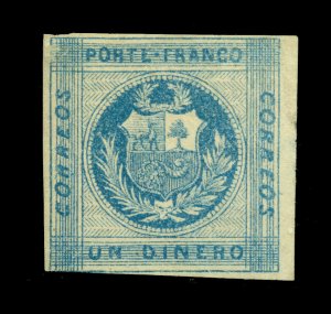 PERU 1860  Coat of Arms - Llama - 1d light blue Scott # 9c mint MH Zigzag broken