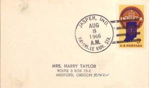 United States Indiana Haysville Rur. Sta. Jasper 1966 4-bar  DPO  Postcard  P...