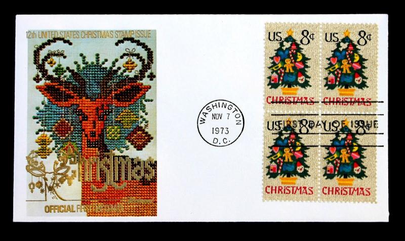 US #1508 FDC Christmas 1973 Block 4 Fleetwood Cachet 1973 Unaddressed