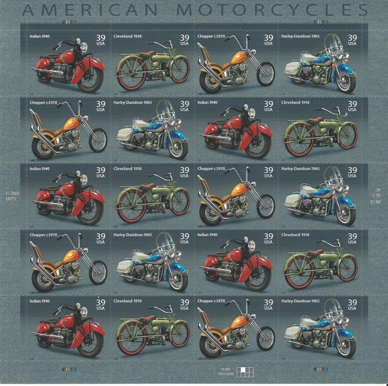 Scott 4085-4088 American Motorcycles Mint Not Hinged Pane of 20 .39 Cent Stamps