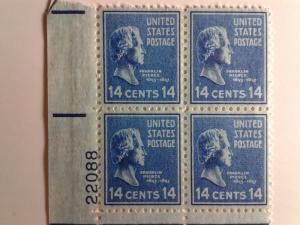 SCOTT # 819 PLATE BLOCK GEM 14 CENT MINT NEVER HINGED PIERCE PRESIDENTIAL