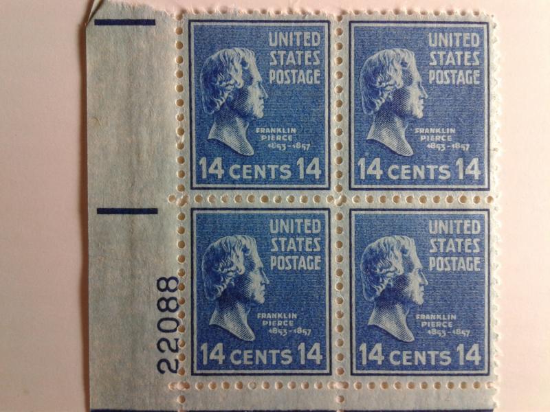 SCOTT # 819 PLATE BLOCK GEM 14 CENT MINT NEVER HINGED PIERCE PRESIDENTIAL