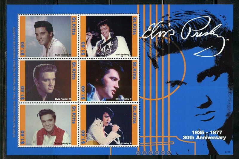 ST. KITTS   2007 30th MEMORIAL ANNIVERSARY ELVIS PRESLEY SHEET OF SIX  MINT NH