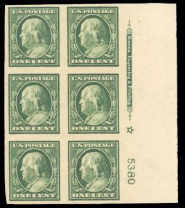 United States, 1904-9 #343 Cat$97.50, 1908 1c green, plate block of six with ...