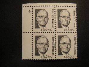 Scott 1862d, 20c Harry S. Truman, PB4 #4 UL, MNH Great Americans Beauty