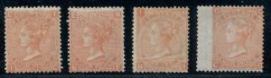 GREAT BRITAIN #43, 4p vermillion, plate #'s 9,11,13,14, all unused ng, Sc $2,450