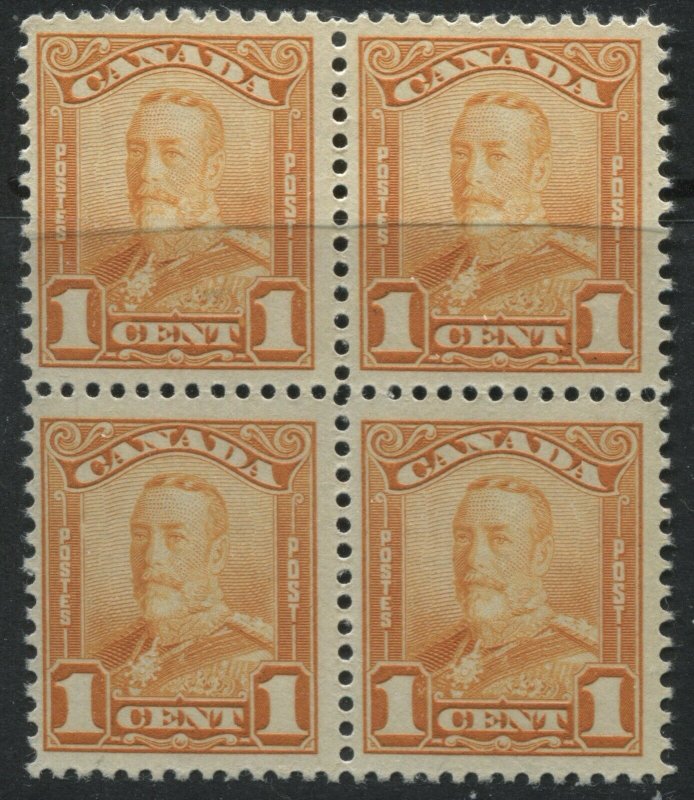 Canada KGV 1929 1 cent block pf 4 mint o.g., 3 stamps are NH