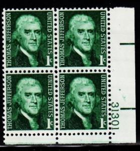 US Stamp #1278 MNH - Thomas Jefferson - Plate Block of 4