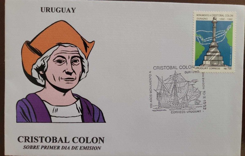 SO) 1992 URUGUAY, MONUMENT TO CHRISTOPHER COLUMBUS, FDC 