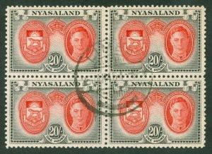 SG 157 Nyasaland 1945. 20/- scarlet & black. Very fine used block of 4 CAT £180