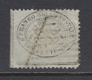 Roman States Sc 20 used. 1868 3c black on gray, corner perf thin, PF Cert