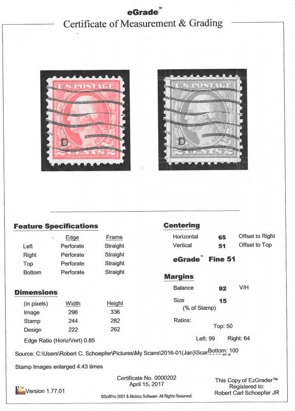 499 2 cent Washington Carmine rose Stamp used EGRADED F 51