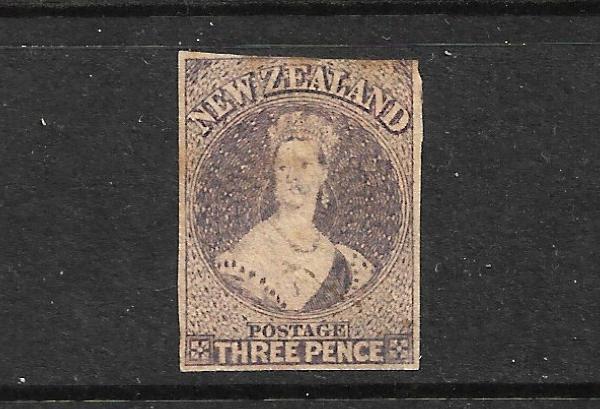 NEW ZEALAND 1862-64  3d  BROWN LILAC   FFQ  IMPERF MLH  CP A3A  SG 40 CHALON