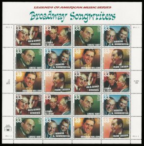 #3345 - 50, 33c Broadway Songwriters,  Sheet, VF mint never hinged, Fresh She...