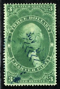 USA Revenue Stamp $3 High Value *CHARTER PARTY* Used {samwells-covers}Y2WHITE6