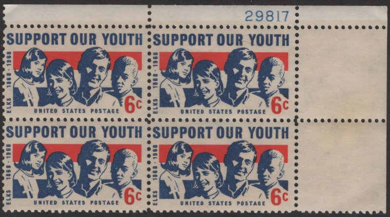 SC#1342 6¢ Support Our Youth Plate Block: UR #29817 (1968) MNH*