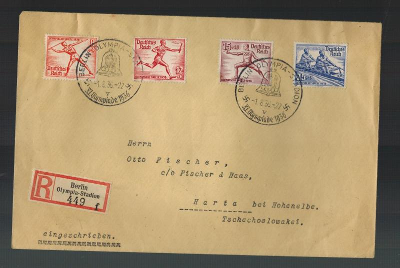 1936 Berlin Germany Olympics Stamps Cancel Cover to Czechoslovakia Registered 