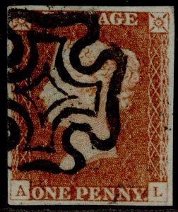 GB QV SG8, 1d red-brown BLACK MX PLATE 21, FINE USED. Cat £60. AL 