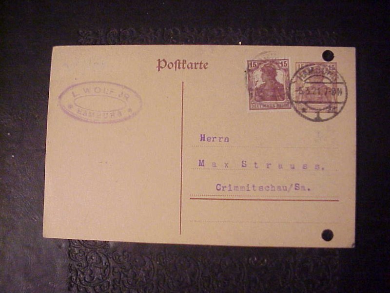 1917 GERMAN POST CARD FROM L. WOLF JR. OF HAMBURG TWO GERMANIA 15 PFENNIG STAMPS