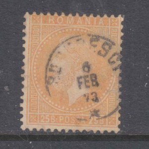 ROMANIA, 1872 Carol, 25b. Orange, used.