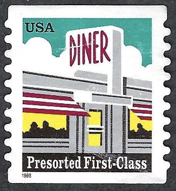 United States #3208A Pre-sorted FC (25¢) Diner (1998). Coil. SA. Used.