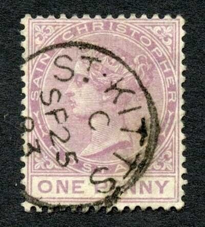 St Kitts-Nevis SG12 1d Dull Magenta Wmk Crown CA CDS used Cat 70 pounds