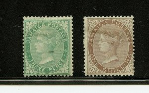 Jamaica #9, 12 (JA461) Queen Victoria 3p & 1 shilling, Wmk 1, M, H,FVF,CV$182.50