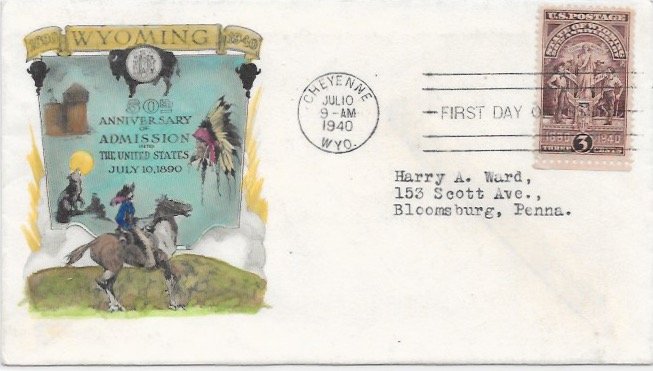 897 FDC, Hand Colored Cache, Wyoming Statehood Anniv., Free Insured Shipping;