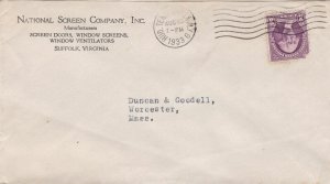 U.S. NATIONAL SCREEN COMPANY, INC. Suffolk,Virginia 1933 Mfs Stamp Cover Rf47479