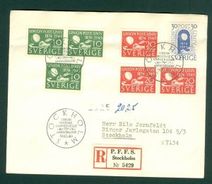 Sweden. 1949 FDC. Reg: #5429. Postal Union. Sc# 3/411+3/412+ 413. Adr. Stockholm