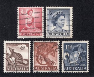 Australia 1959-64 4p to 11p values, Scott 318-321, 323 used, value = $1.25