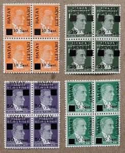 Hatay 1939 surcharges on Turkey in MNH blocks. Scott 1-4 short set, CV $62.00