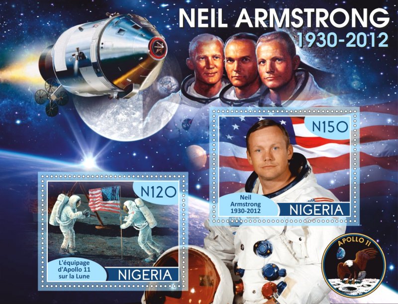 Stamps. Space. Famous people. Neil Armstrong 2019 year 1+1 sheets perforated