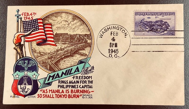 925  Fluegel WWII Patriotic Cachet Liberation of Manila February 4, 1945 Cover