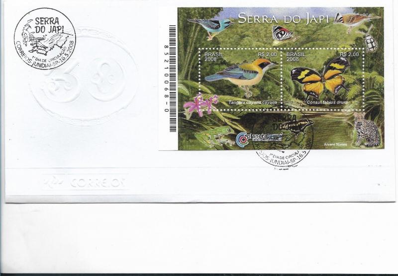 BRAZIL 2008 FDC SERRA DO JAPI SCOTT 3049 SS ON FDC FAUNA BIRDS BUTTERFLIES 