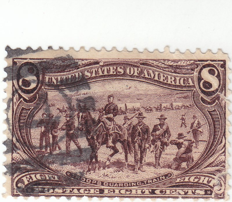 Scott # 289 - 8c Violet Brown - Troops Guarding Wagon Train - Used  SCV - $50.00