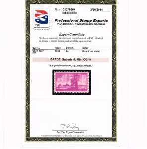 EXCEPTIONAL GENUINE SCOTT #1027 MINT PRISTINE OG NH PSE CERT GRADED SUPERB 98