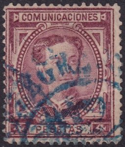 Spain 1876 Sc 229 used blue date (fechador) cancel large crease