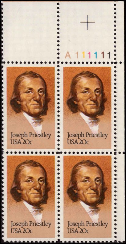 US #2038 JOSEPH PRIESTLEY MNH UR PLATE BLOCK #A111111 DURLAND $1.75