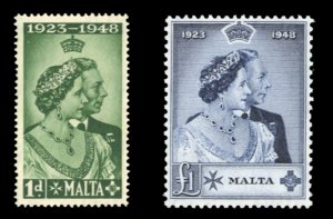 Malta #223-224 Cat$40, 1949 Silver Wedding, set of two, never hinged