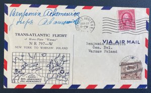 1934 New York USA TransAtlantic Flight cover To Warsaw Poland 797 Pilot Signed