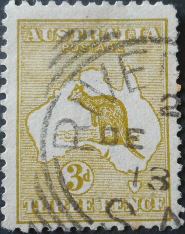 Australia 1913 Three Pence Die I Kangaroo with RIVERTON postmark