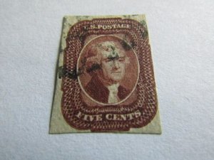 US Stamps, Scott #12, 1856 Jefferson, used single 5c brown, APS Cert CV $750.00+