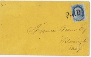 US 24 1c 1857 on local cover tied by a  ?PAID? cancel, to Wilmington MA