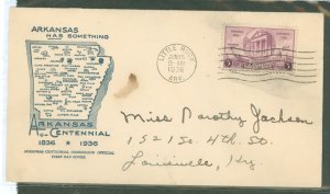 US 782 1936 3c Arkansas Centennial on an addressed FDC with an Arkansas Centennial Commision cachet (cover has a small stain)