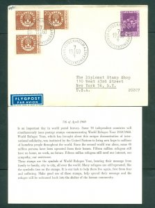 Sweden. 1960 FDC. Airmail World Refugee Year . Sc#553-555. Adr: N.Y. USA