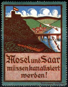 Vintage Germany Poster Stamp The Moselle And Saar Must Be Canalized